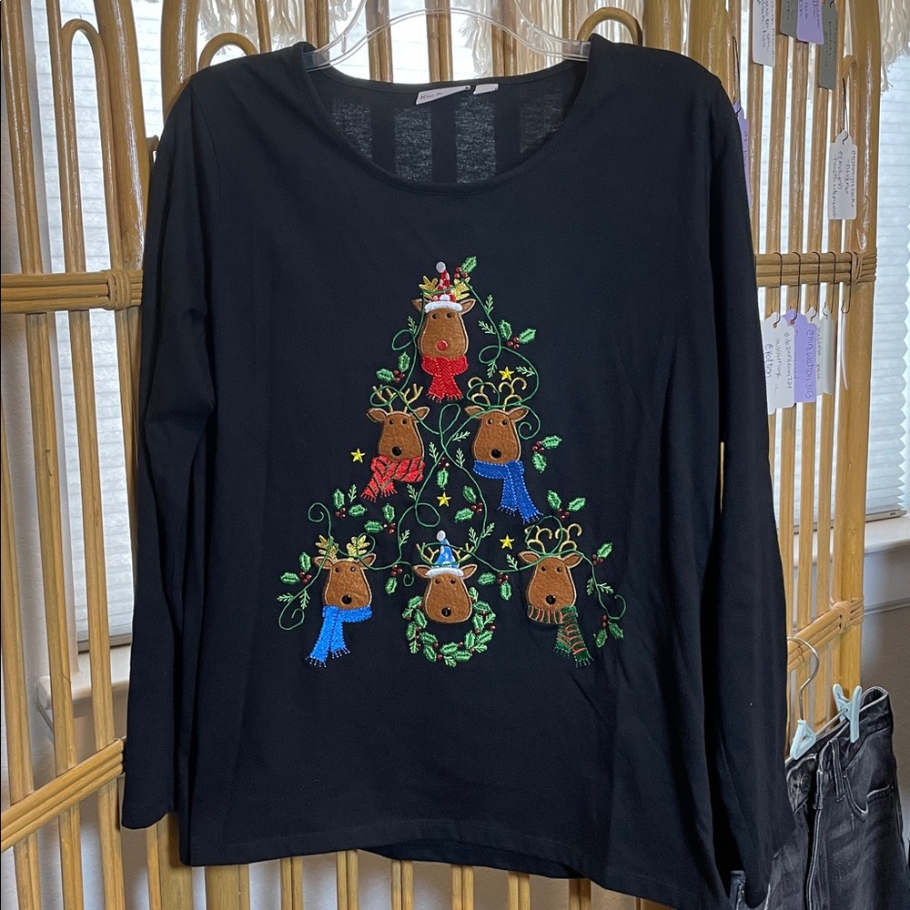 Kim Rogers Black embroidered reindeer tree Christmas Long Sleeve Top